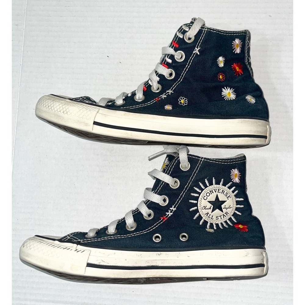 Converse All Star Daisy Embroidered Sneakers Women's 6 Black Floral High Top